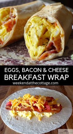 egg, bacon and cheese breakfast wrap is shown on a plate with other food items