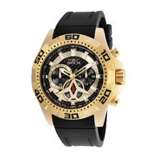 Invicta's Aviator collection is a shining example of invention in motion with unique designs and superior craftsmanship like this watch boasting a black dial with chronograph sub-dials in a 48.0mm gold-toned stainless steel case. Ensuring accurate time keeping, the Swiss quartz movement keeps you right on time. It is water-resistant up to 100 meters securing with a black rubber strap with a buckle clasp. This watch includes a one-year limited manufacturer warranty. We are an authorized Invicta d Black Aviators, Invicta Watches, Analog Watch, Silicon Bands, Watch Sale, Black Watch, Black Rubber, Casio Watch, Quartz Movement