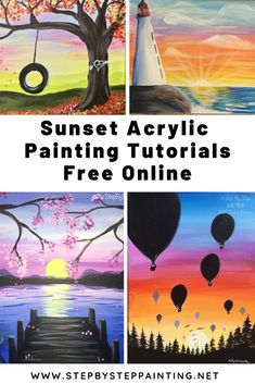 sunset acrylic painting with the words free online on it and pictures of hot air balloons