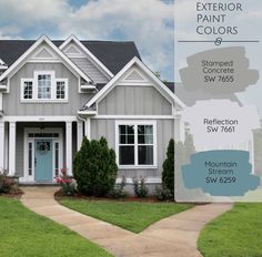 a gray house with white trim and blue door is featured in the exterior paint colors catalog