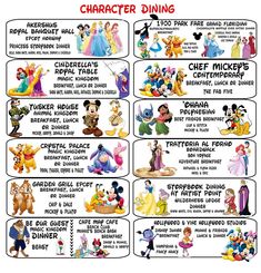 the disney character dinner menu is shown