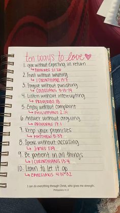 an open notebook with writing on it that says ten ways to love