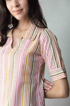 Kurta Design With Collar, Coller Kurta Designs Women, Coller Neck Suit, Neck Models For Kurtis, Elbow Sleeves Design For Kurtis, Lining Kurti Design, Strips Kurti Design, Shirt Collar Kurti Design, Shirt Collar Kurti