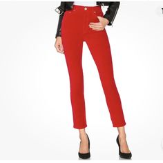 These Jeans Are Absolutely Beautiful And Perfect For The Holidays. They Are New Without Tags. Traditional 5-Pocket Jeans Styling With Cool Button Fly Front Closure. High-Waisted And Ankle Cropped. The Velour-Feel Fabric Is Comfortable 97% Cotton With 3% Spandex For A Bit Of Stretch. Waist Approx 25”. Inseam Approx 27”. Rise Approx 10”. Please Note That The First Attached Picture Is A Stock Photo. Due To Variances In Monitor Colors, And Lighting, Item Color May Differ Slightly From Photos. Chic High Waist Red Jeans, Chic Red High Waist Jeans, Chic Red High-waist Jeans, Red Straight Leg Jeans For Work, Red High Waist Jeans For Work, High Waist Red Jeans For Work, Red Fall Bottoms With Button Closure, Chic Fitted Red Jeans, Trendy Red Bottoms With Button Closure