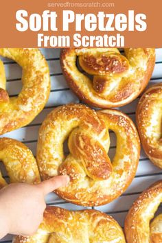 soft pretzels from scratch on a cooling rack with text overlay that reads soft pretzels from scratch