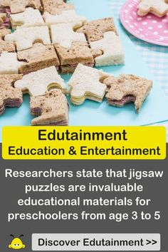 an advertisement for the education and entertainment department, which includes small pieces of food on a table