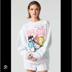 Nwt Sanrio And Friends White Sweatshirt Oversized Cartoon Print Crew Neck Top, Casual Cartoon Print Sweater, Oversized Long Sleeve Top With Character Print, Sporty Long Sleeve Tops With Character Print, Oversized Casual Sweatshirt With Character Print, Cotton Character Print Sweatshirt For Loungewear, Character Print Cotton Sweatshirt For Loungewear, Cotton Sweatshirt With Character Print For Loungewear, White Crew Neck Sweater For Loungewear