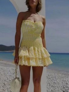 yellow broderie anglaise dress cinched layered lace bandeau dress shirred bodice eyelet broderie anglaise dress #broderie #broderiedress #bandeaudress #yellowdress #anglaise #strapless Strapless Summer Dress With Ruffle Hem, Yellow Ruffled Dresses For Summer, Strapless Yellow Dress For Beach Season, Yellow Strapless Dress For Beach Season, Fitted Yellow Dresses With Ruffled Skirt, Summer Beach Mini Dress With Ruffled Skirt, Yellow Smocked Bodice Mini Dress For Summer, Cotton Ruffle Dresses For Beach Season, Strapless Cotton Mini Dress With Ruffles