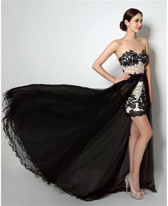 Black Evening Dress With Detachable Train, Black Formal Dress With Detachable Train, Black Strapless Dress With Sweep Train, Fitted Black Dress With Detachable Train, Black Long Train Dress For Prom, Black Dress With Long Train For Prom Season, Black Prom Dress With Long Train, Black Party Dress With Detachable Train, Fitted Black Dress With Long Train