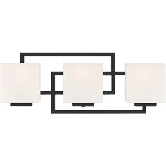 three light bathroom fixture with white glass shades on the sides and black metal frame around it