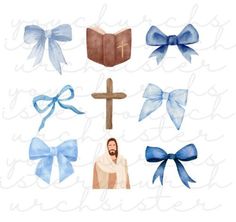 the cross, book and blue bows are on display in this clipart file for cricut