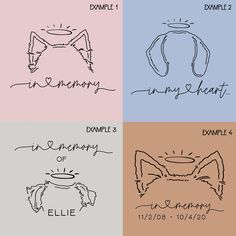 four different types of drawings with the names of animals and their names in black ink