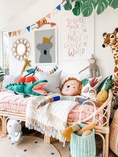 a child's room with stuffed animals and toys