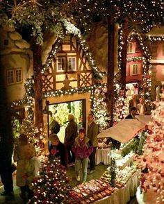 people are standing in front of a christmas tree with lights and decorations on the trees