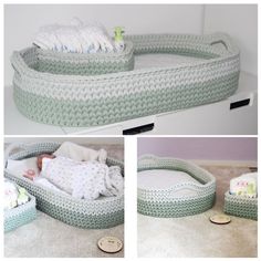 there are three pictures of a baby in a crochet bassinet bed