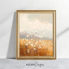 the painting is hanging on the wall in the room with it's white and yellow flowers