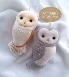 two stuffed owls sitting next to each other on a white cloth covered surface with the words patterns and tutor written above them