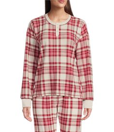 From PJ Salvage&#x2C; this sleep top features:Thermal velour fabricationPlaid printHenley necklineLong sleevesPullover constructionPolyester/elastaneMachine wash cold/line dryImported. Pajama Top, Sleep, Pajamas, Lingerie, Plaid, Long Sleeve, Clothes