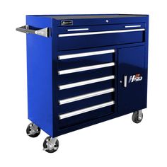 a blue tool cabinet with drawers on wheels