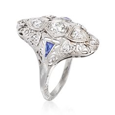 Ross-Simons - C. 1950 Vintage .50ct t. w. Diamond Filigree Ring, .12ct t. w. Synthetic Sapphires. Size 5.5. C. 1950. Quite popular among our Estate collection of treasures, filigree dinner rings are quintessential vintage favorites! This one hails from the Retro era, shining with .50 ct. t. w. round and round Old European-cut diamonds and a touch of rich sparkle from .12 ct. t. w. triangular synthetic sapphires. Finely crafted in polished 18kt white gold with signature filigree openwork througho Art Deco Platinum Sapphire Ring With 17 Jewels, Art Deco Platinum Sapphire Ring, Classic Platinum Sapphire Ring, Classic Sapphire Ring With 17 Jewels In Platinum, Classic Collectible Rings With Diamond Accents, Art Deco Ring In Diamond White With Jewels, Classic Marquise Cut Diamond Ring With 17 Jewels, Classic Rings With Diamond Accents For Collectors, Art Deco Diamond Ring With 17 Jewels For Anniversary