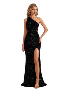 Sexy Mermaid One Shoulder Side Slit Sparkly Long Formal Prom Dresses - ChicSew One Shoulder Black Prom Dress, Black Prom Dress Sparkly, Long Gown Elegant Classy, Elegant Dinner Dresses, Prom Dresses Long Simple, Long Gown Elegant, Black Sparkly Prom Dress, Trouser Fashion, Asymmetrical Prom Dress