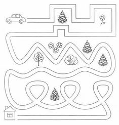 a maze game with cars and trees on the road, which is in black and white