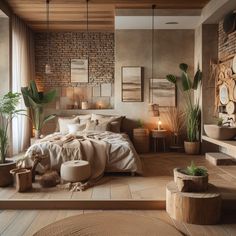 a bedroom decorated in neutral tones with plants on the bed and candles lit by candle holders