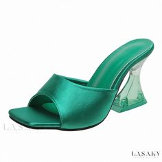 Lasaky - Elegant High-Heeled Sandals with Crystal Buckle and Fish-Scale Pattern Green Pointed Toe Mules For Summer, Spring Fish Mouth Synthetic Sandals, Green Open Heel Mules For Party, Green Evening Mules For Summer, Green Summer Evening Mules, Spring Party Green Mules, Elegant Green Open Toe Mules, Party Sandals With Fish Mouth Shape In Synthetic, Formal Fish Mouth Sandals For Spring