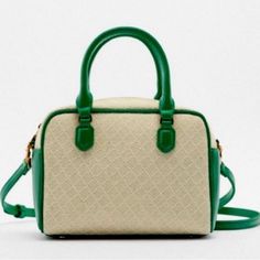 Zara Contrast Mini Bag With Green Trim New!!! Shoulder Strap That Is Removable Green Zara Shoulder Bag For Everyday Use, Zara Green Shoulder Bag For Daily Use, Classic Green Bag For Spring, Classic Green Bags For Spring, Rectangular Zara Bags For Errands, Zara Rectangular Bags For Errands, White Zara Travel Bag, Rectangular Zara Bags, Zara Beige Satchel Shoulder Bag