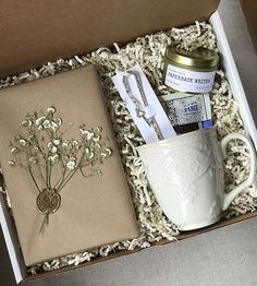 an open box containing a coffee mug and some items