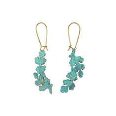 Leafy brass boughs waft from gold-plated ear wires. Natural verdigris patina. Nickel and lead free. 2.75" [7 cm] long. Green Brass Earrings Nature-inspired, Green Hand Forged Brass Earrings, Garden Snakes, Galaxy Earrings, Peacock Earrings, Snake Earrings, Ear Wires, Jewelry Care, Patina