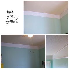 three pictures of the same room in different stages of being painted, including ceiling paint and crown molding