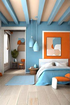 a bedroom with blue and orange accents on the walls