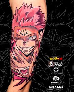 a man with tattoos on his arm and leg is wearing an anime character tattoo design