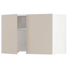 a white cabinet with two doors open on a white background and no one in it