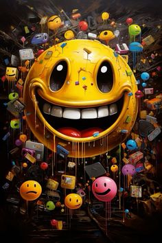 a yellow smiley face surrounded by many different objects