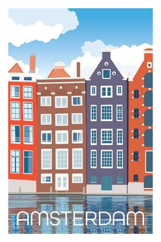 Amsterdam Netherlands Travel Poster Antique Posters, Netherlands Poster, Narrow Houses, Dutch Netherlands, Typo Poster, City Cartoon, Netherlands Travel, Print Ideas, Travel Illustration