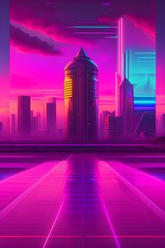 an image of a futuristic city with neon lights and skyscrapers in the background at night