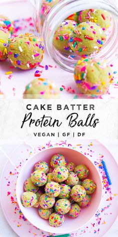 cake batter protein balls in a bowl with sprinkles