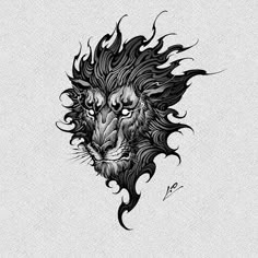 a black and white drawing of a lion's head with flames coming out of it