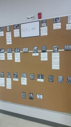 a bulletin board with many pictures on it and magnets attached to the corkboard