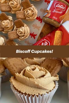 cupcakes with frosting and chocolate chips on top are shown in this collage