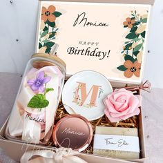 a birthday gift box filled with personalized items for someone's special day or special occasion