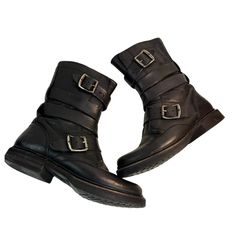 Frye Veronica Tanker Boot Women 8 Moto Black Leather Biker Belted Punk Lagenlook With The Shape Of A Lace-Up And The Attitude Of A Biker Boot, This Is The Kind Of Boot That Sets Trends Without Even Trying. Add Some Edge To Your Shift Dress For That Hot-Ticket Gallery Opening. Or Wear With Leather Leggings To See That Hot New Band Play. All Wrapped Up And Everywhere To Go. Genuine Italian Leather Leather Lined Leather With Rubber Outsole 8" Shaft Height- 10 4/5" Shaft Circumference 1" Heel Height Stacked Leather Heel Zipper Closure Biker Belted Details Size: 5.5 Color: Black Pre Loved In Excellent Condition. Leather Combat Boots For Biker Events In Fall, Rugged Moto Boots With Buckle Closure For Biker Events, Fall Season Biker Style Moto Boots, Fall Biker Moto Boots For Motorcycling, Biker Moto Boots For Motorcycling In Fall, Edgy Moto Boots With Leather Footbed For Fall, Fall Moto Boots With Buckle Closure For Biker Events, Fall Moto Boots With Buckle For Biker Events, Fall Biker Boots For Motorcycling