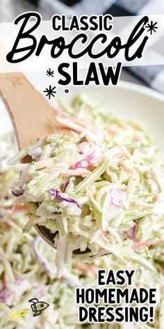 a close up of a bowl of coleslaw with a wooden spoon in it