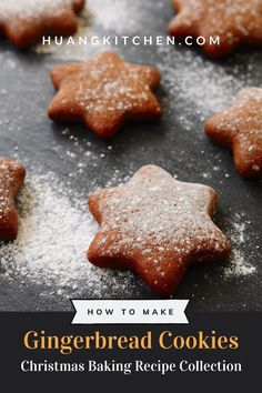 homemade gingerbread cookies on a baking sheet with powdered sugar in the shape of a star