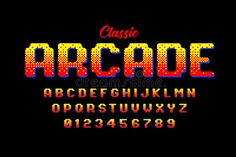 an old school arcade font and numbers in the style of pixel art, retro video games