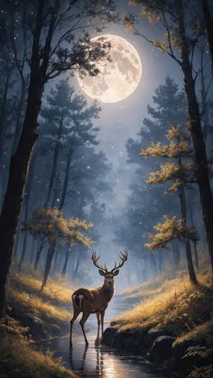 a deer standing in the middle of a forest under a full moon