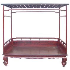 Wonderful 19th century Canopy Top Chinese Day Bed, Walnut worn red lacquer with inset rattan platform. Humpback struts, intricately carved legs, raised on ball feet, with full Canopy top with screen detail. Circa 1800, Shanxi Vintage Beds, China House, Wedding Bed, Chinese House, Modern Beds, Bedroom Design Inspiration, Carved Legs, Bedroom Furnishings, Day Bed