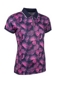 a women's polo shirt with pink palm leaves on it